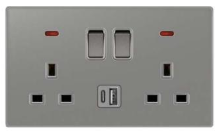 DP Double British Socket With Switch & USB A + USB C Glass series Loox