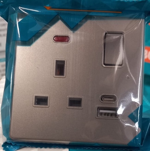 Single British Socket With Switch & USB A + USB C Latif series Loox (Fast Charge)